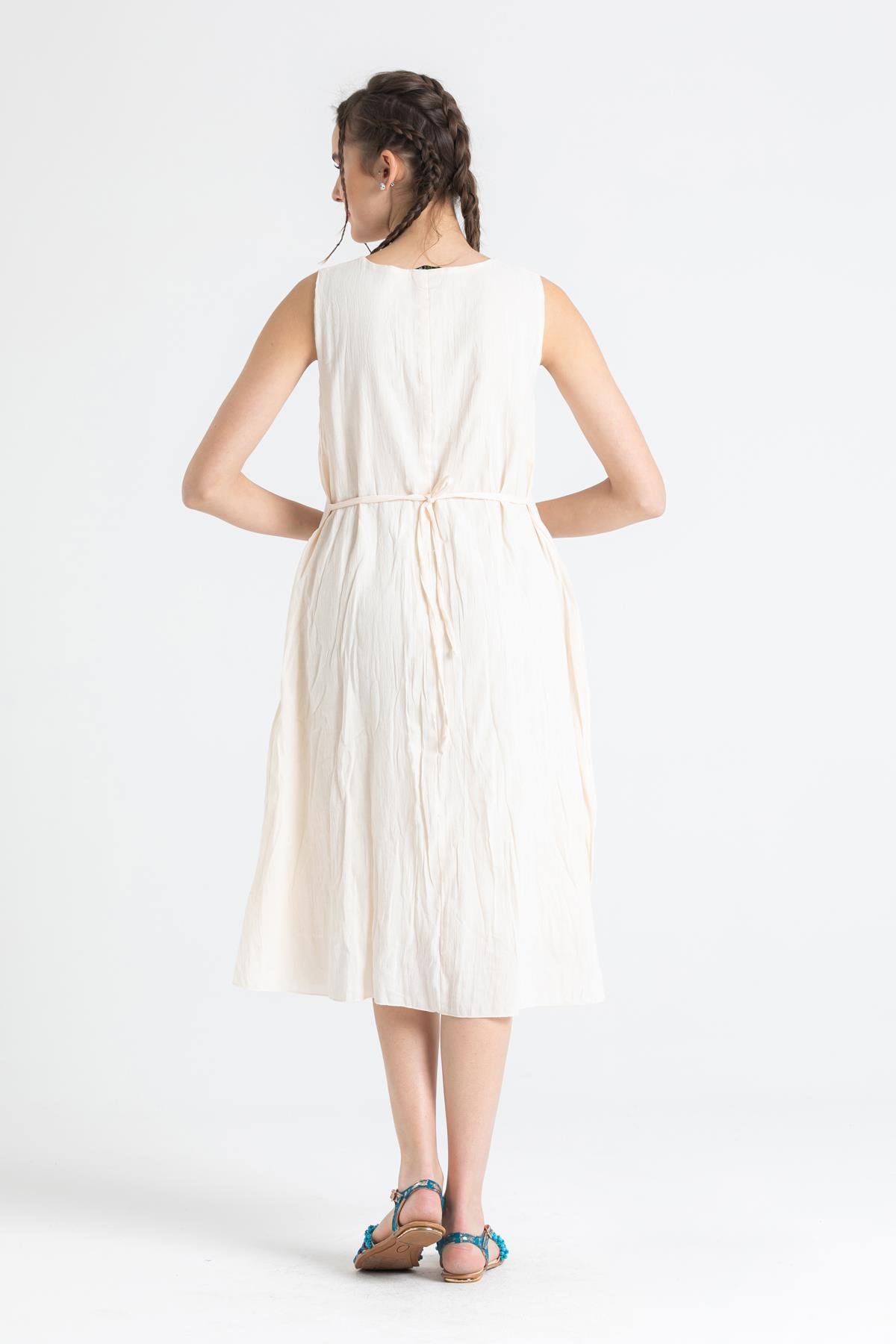 Kolsuz Şile Bezi Mehtap Midi Boy Elbise Krem Krm