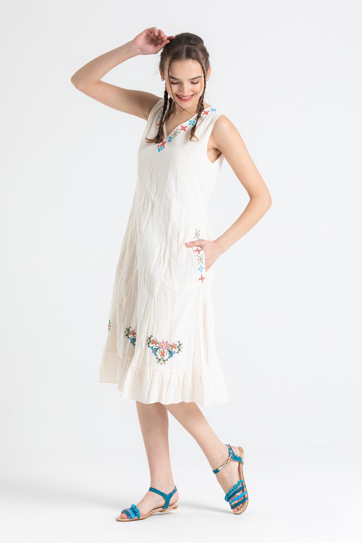 Kolsuz Şile Bezi Mehtap Midi Boy Elbise Krem Krm