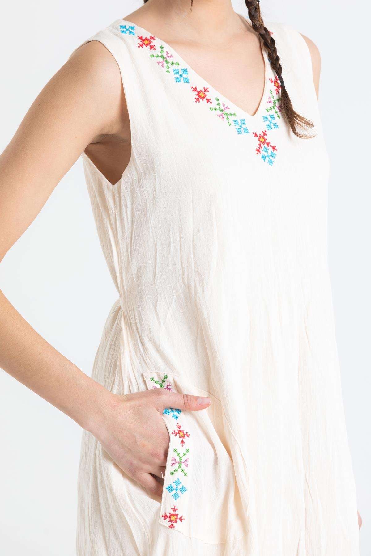 Kolsuz Şile Bezi Mehtap Midi Boy Elbise Krem Krm