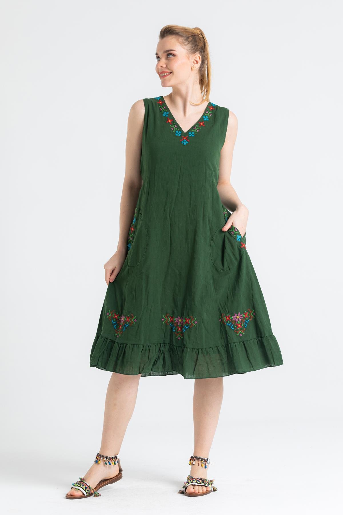 Sleeveless Şile Fabric Mehtap Midi Length Dress Green