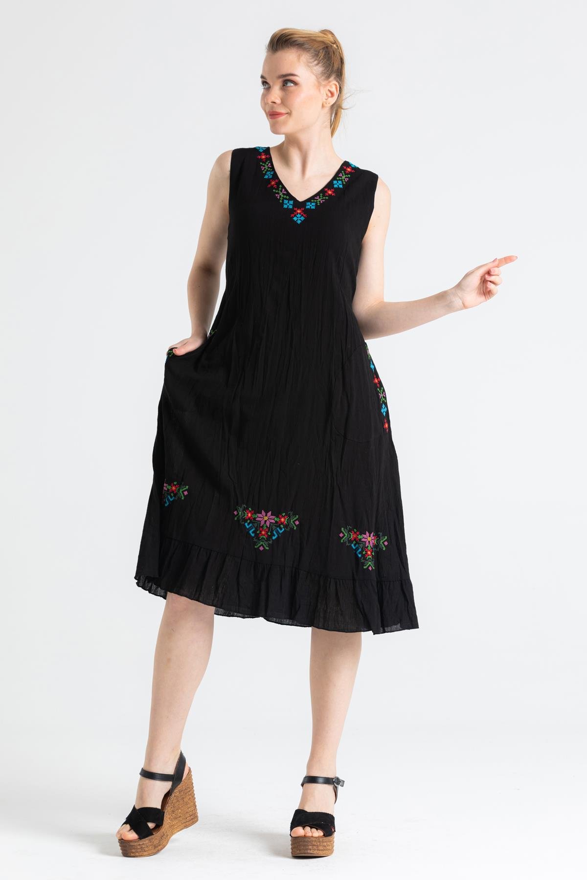 Kolsuz Şile Bezi Mehtap Midi Boy Elbise Siyah Syh