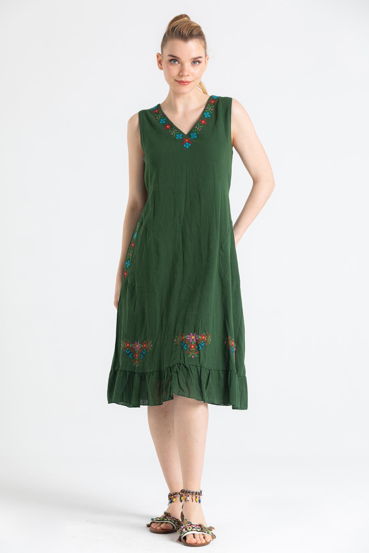 Sleeveless Şile Fabric Mehtap Midi Length Dress Green