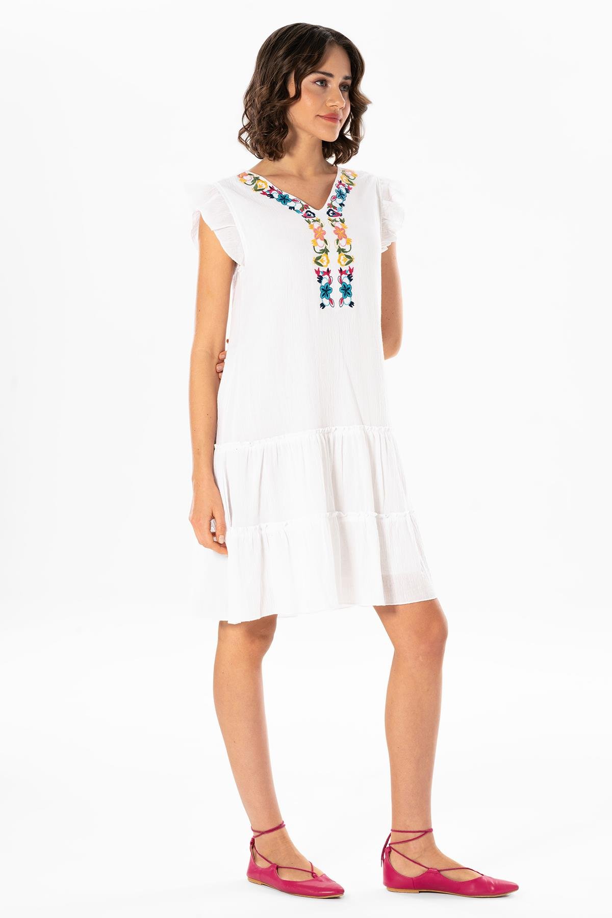 Kolsuz Şile Bezi Nakışlı Delfin Kısa Yazlık Elbise Beyaz Byz