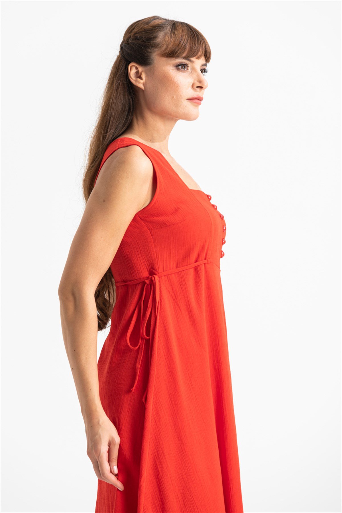 Kolsuz Şile Bezi Üçgen Katlı Midi Boy Elbise Kırmızı Krmz