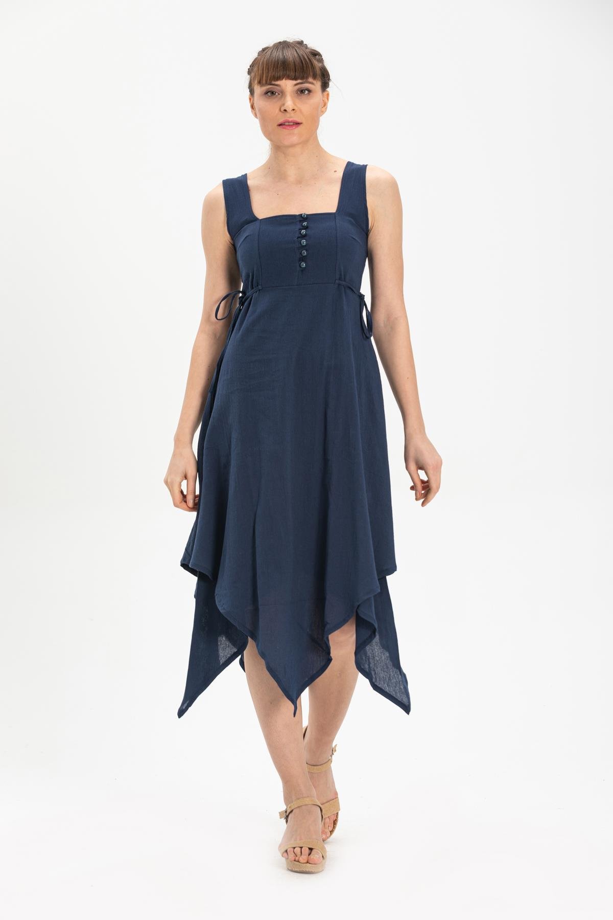 Kolsuz Şile Bezi Üçgen Katlı Midi Boy Elbise Lacivert Lcvt