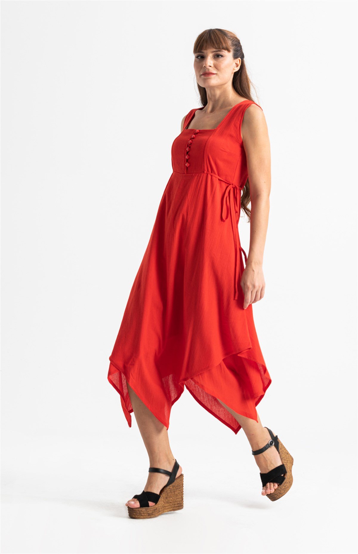 Kolsuz Şile Bezi Üçgen Katlı Midi Boy Elbise Kırmızı Krmz