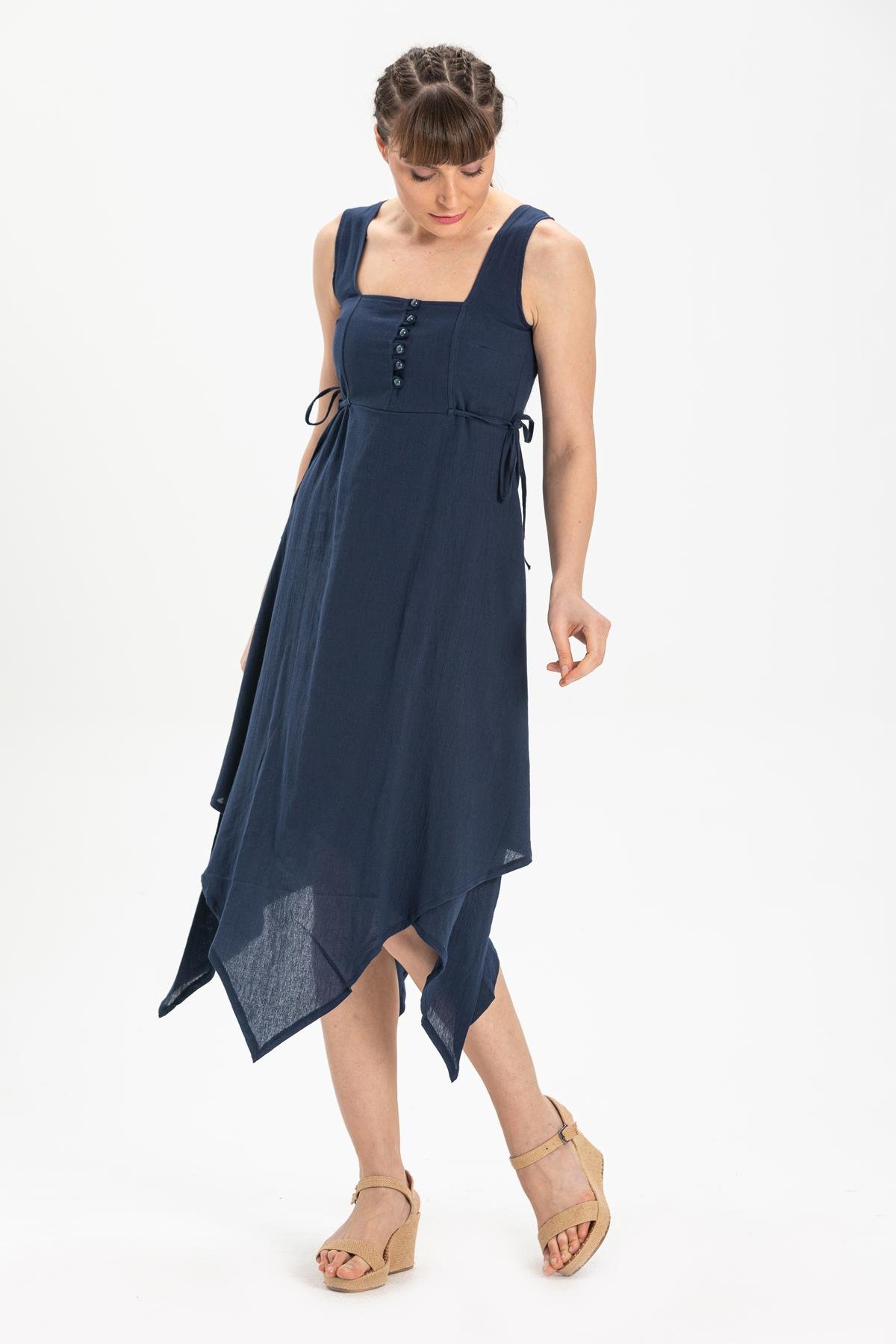 Kolsuz Şile Bezi Üçgen Katlı Midi Boy Elbise Lacivert Lcvt