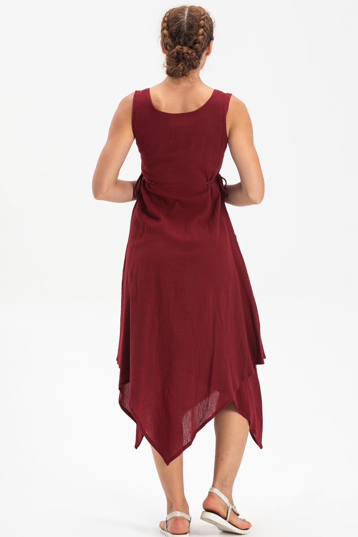 Kolsuz Şile Bezi Üçgen Katlı Midi Boy Elbise Bordo Brd