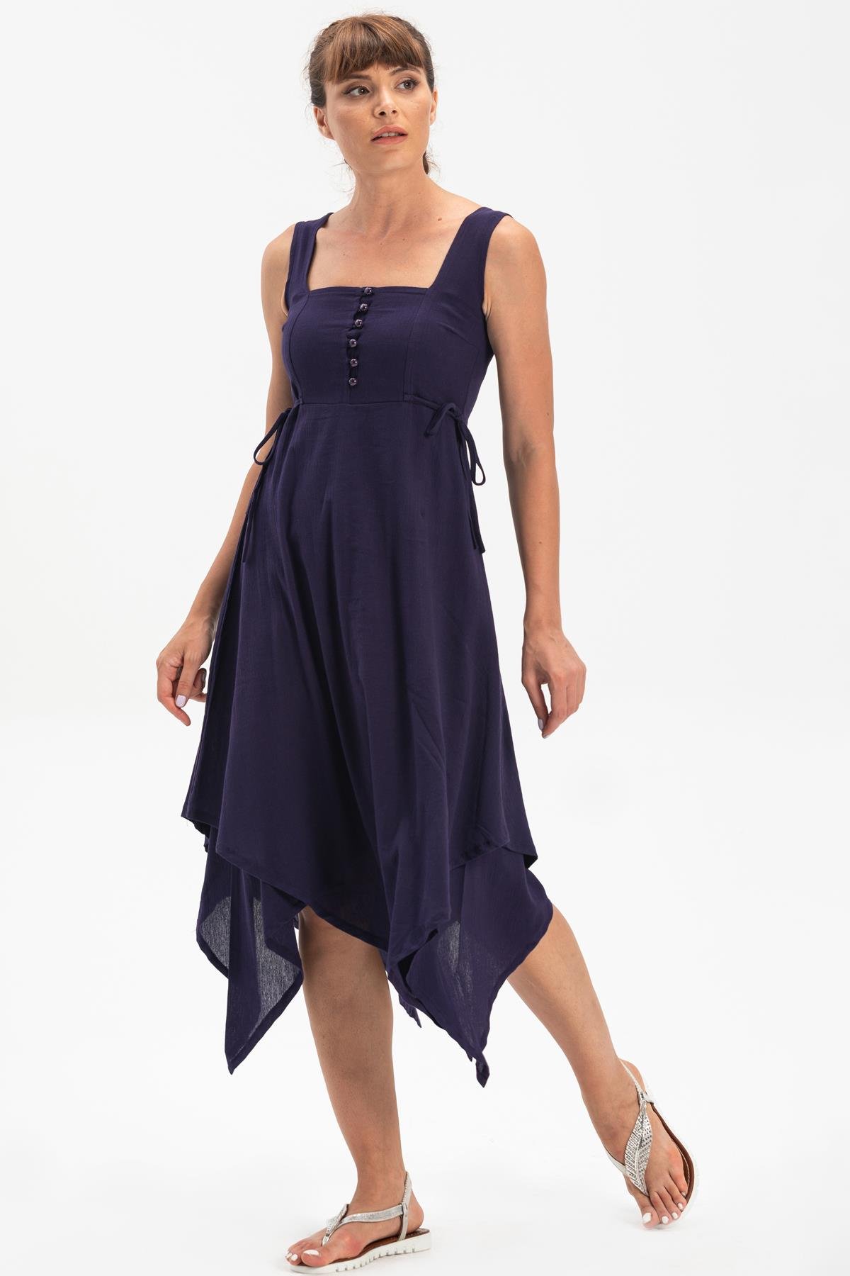 Sleeveless Şile Fabric Üçgen Katlı Midi Dress Purple