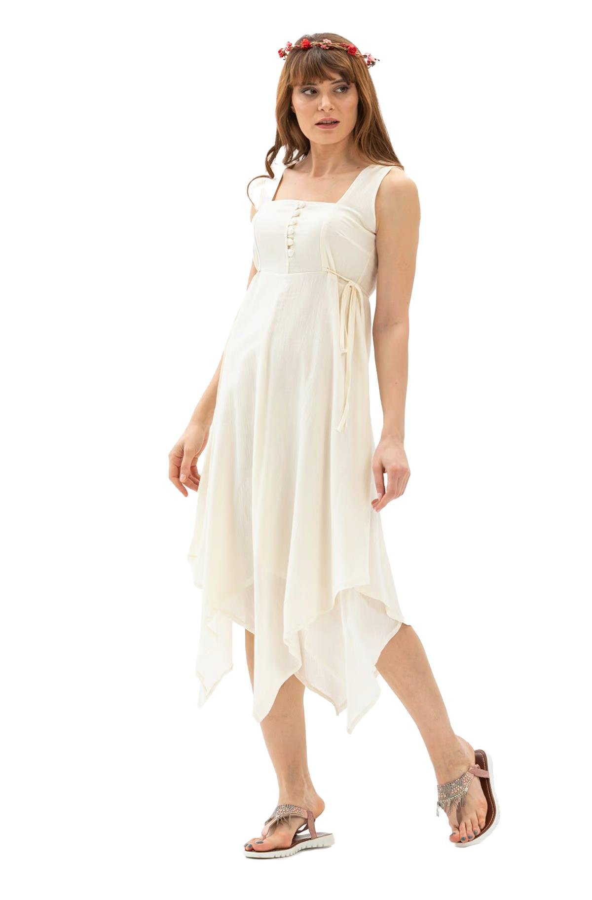 Kolsuz Şile Bezi Üçgen Katlı Midi Boy Elbise Krem Krm