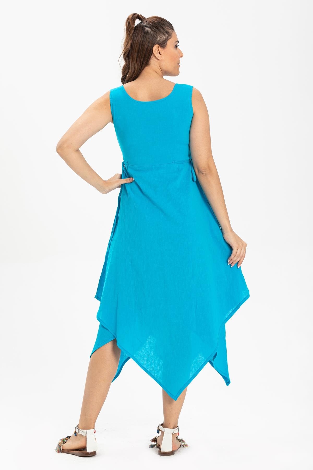 Kolsuz Şile Bezi Üçgen Katlı Midi Boy Elbise Turkuaz Trkz