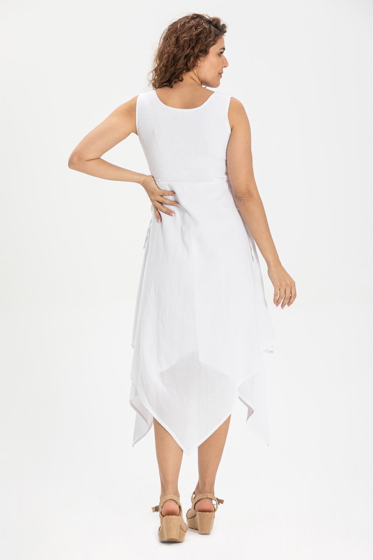 Kolsuz Şile Bezi Üçgen Katlı Midi Boy Elbise Beyaz Byz