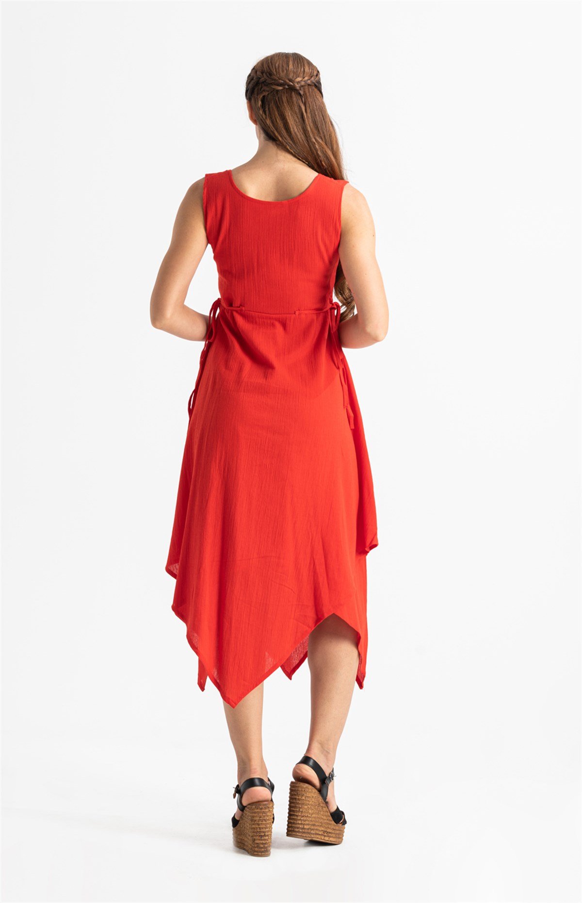 Kolsuz Şile Bezi Üçgen Katlı Midi Boy Elbise Kırmızı Krmz