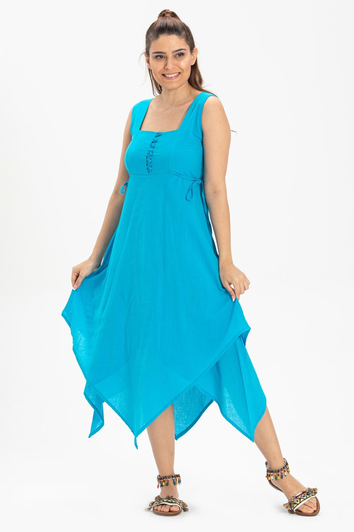 Kolsuz Şile Bezi Üçgen Katlı Midi Boy Elbise Turkuaz Trkz