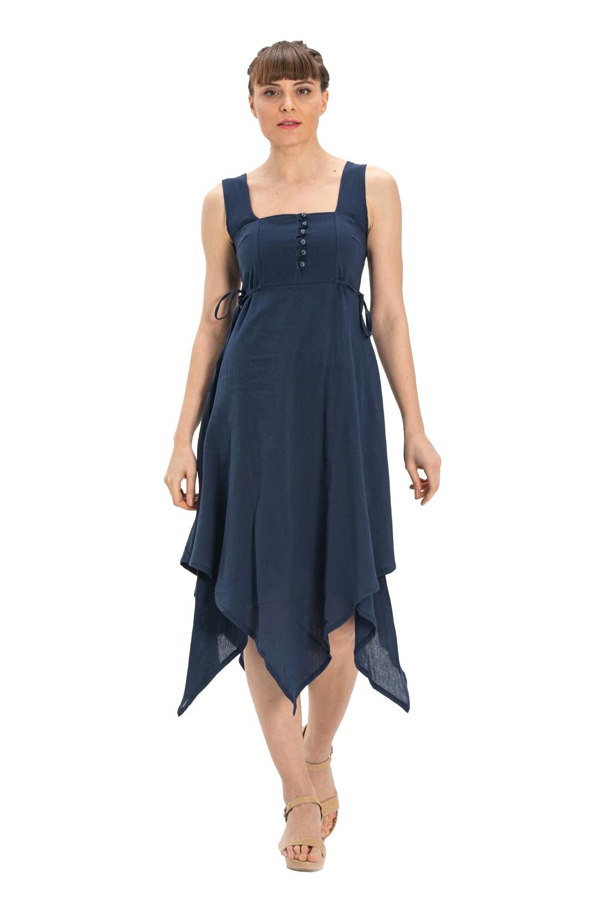 Kolsuz Şile Bezi Üçgen Katlı Midi Boy Elbise Lacivert Lcvt