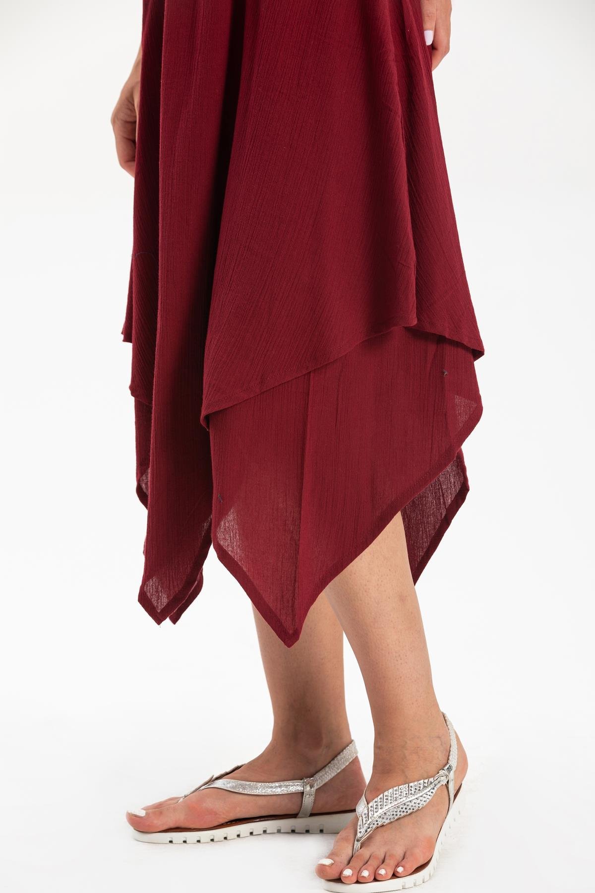 Kolsuz Şile Bezi Üçgen Katlı Midi Boy Elbise Bordo Brd