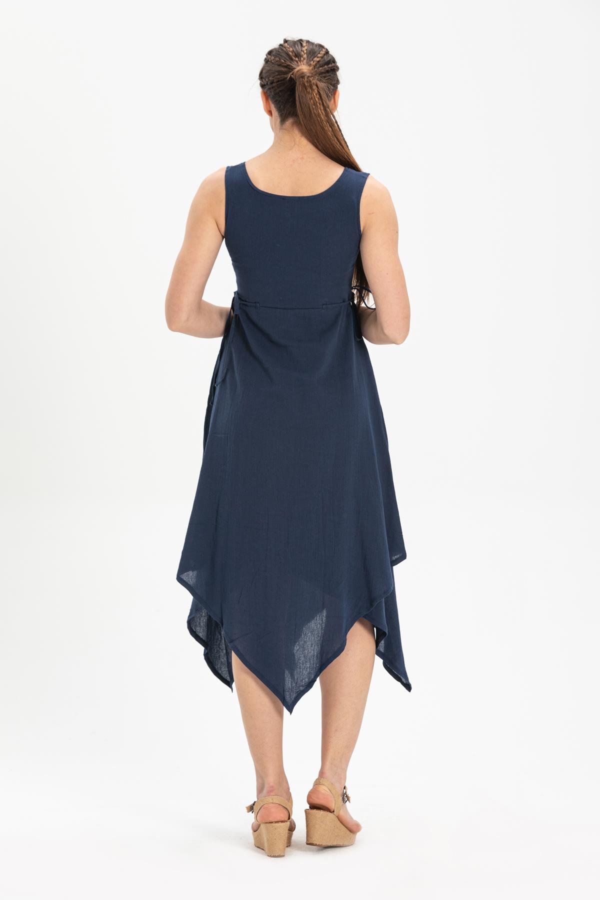 Kolsuz Şile Bezi Üçgen Katlı Midi Boy Elbise Lacivert Lcvt