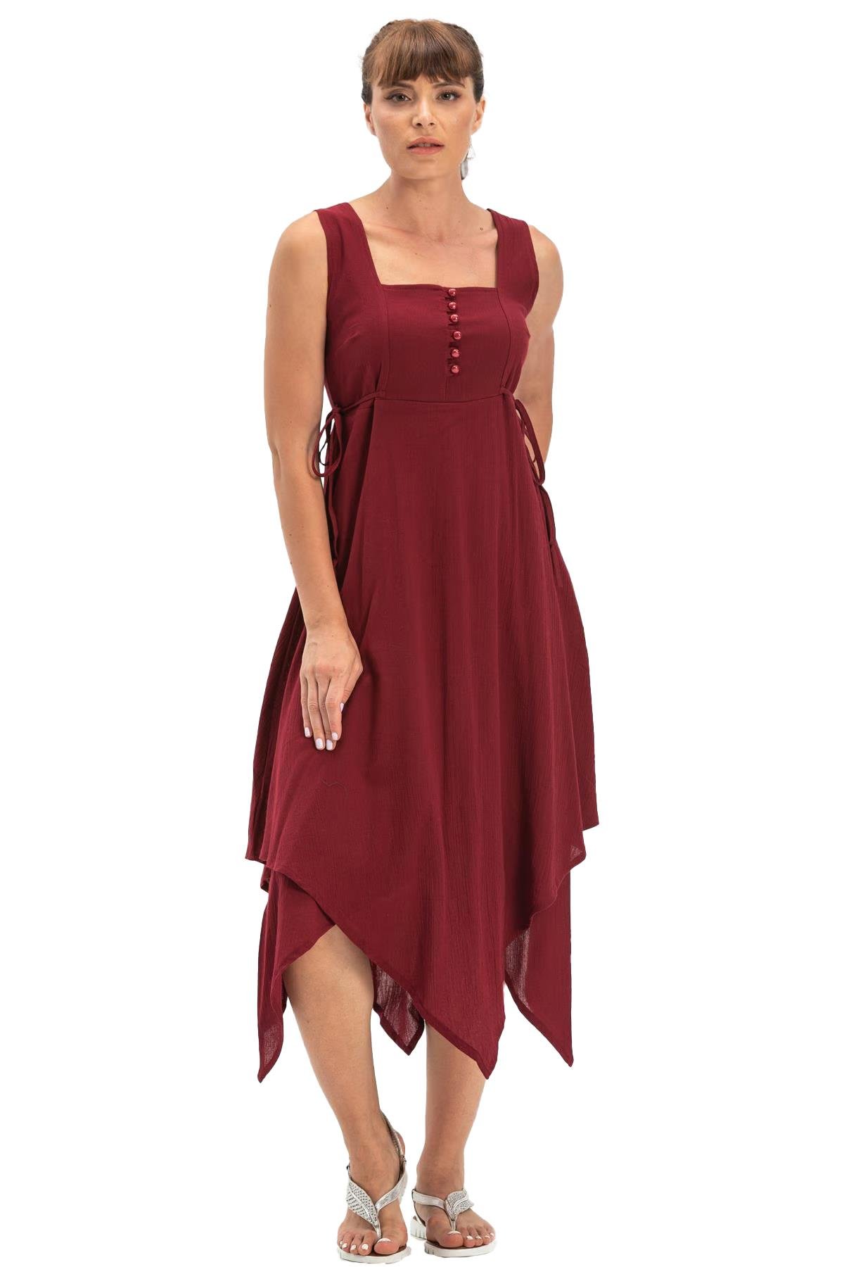 Kolsuz Şile Bezi Üçgen Katlı Midi Boy Elbise Bordo Brd