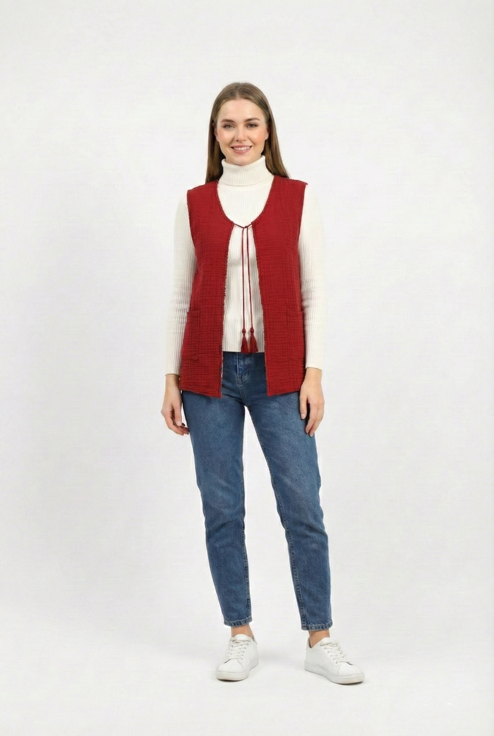 Kolsuz Tuğba Çift Taraflı Otantik Kısa Pazen Kışlık Yelek Bordo Brd