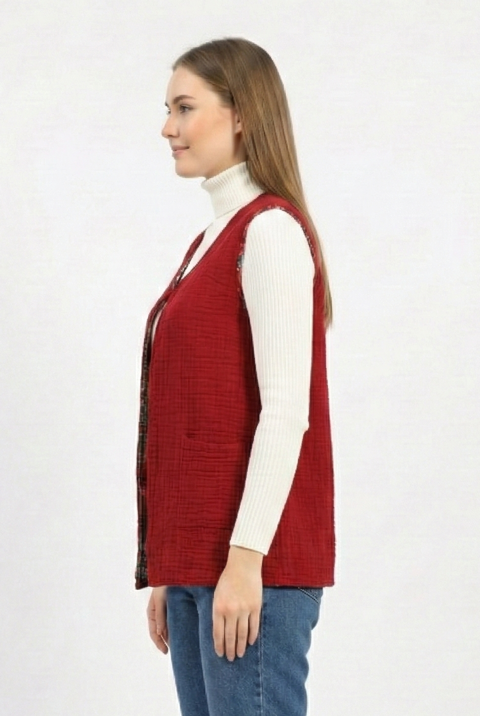 Kolsuz Tuğba Çift Taraflı Otantik Kısa Pazen Kışlık Yelek Bordo Brd