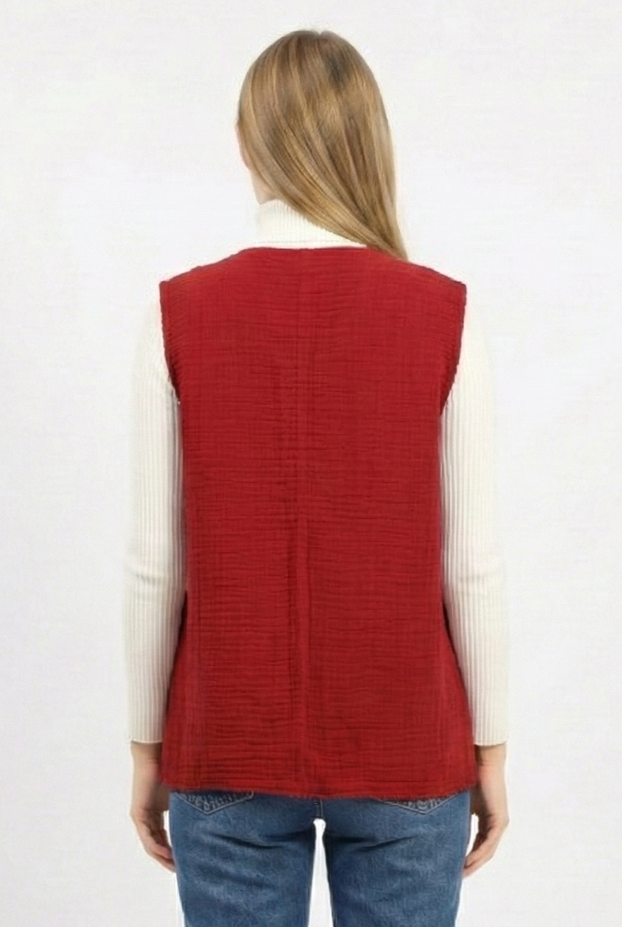 Kolsuz Tuğba Çift Taraflı Otantik Kısa Pazen Kışlık Yelek Bordo Brd