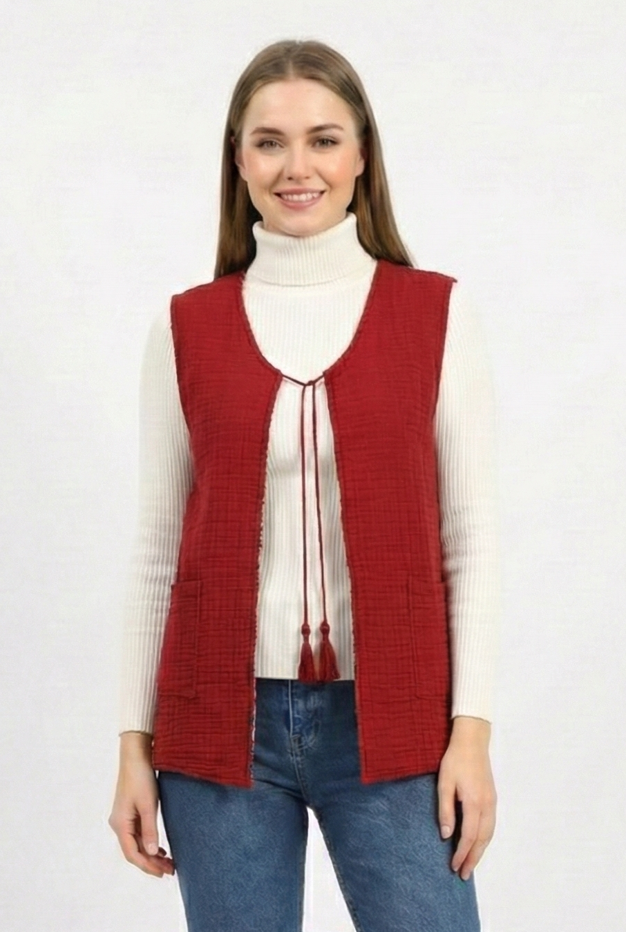 Kolsuz Tuğba Çift Taraflı Otantik Kısa Pazen Kışlık Yelek Bordo Brd