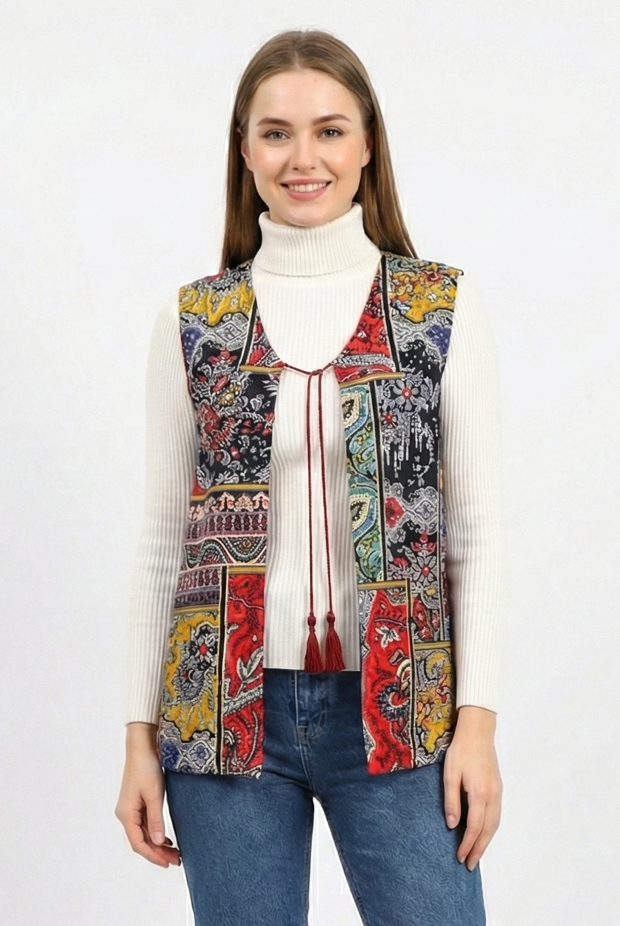 Kolsuz Tuğba Çift Taraflı Otantik Kısa Pazen Kışlık Yelek Bordo Brd