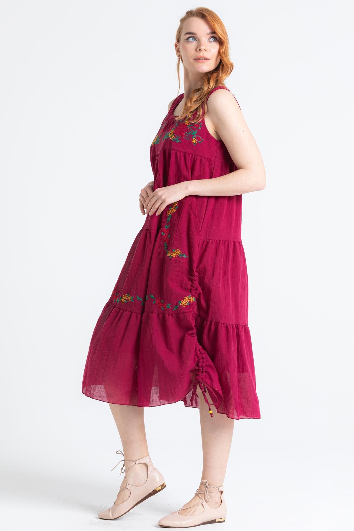 Kolsuz Vual Ahsen Nakışlı Midi Boy Elbise Bordo Brd