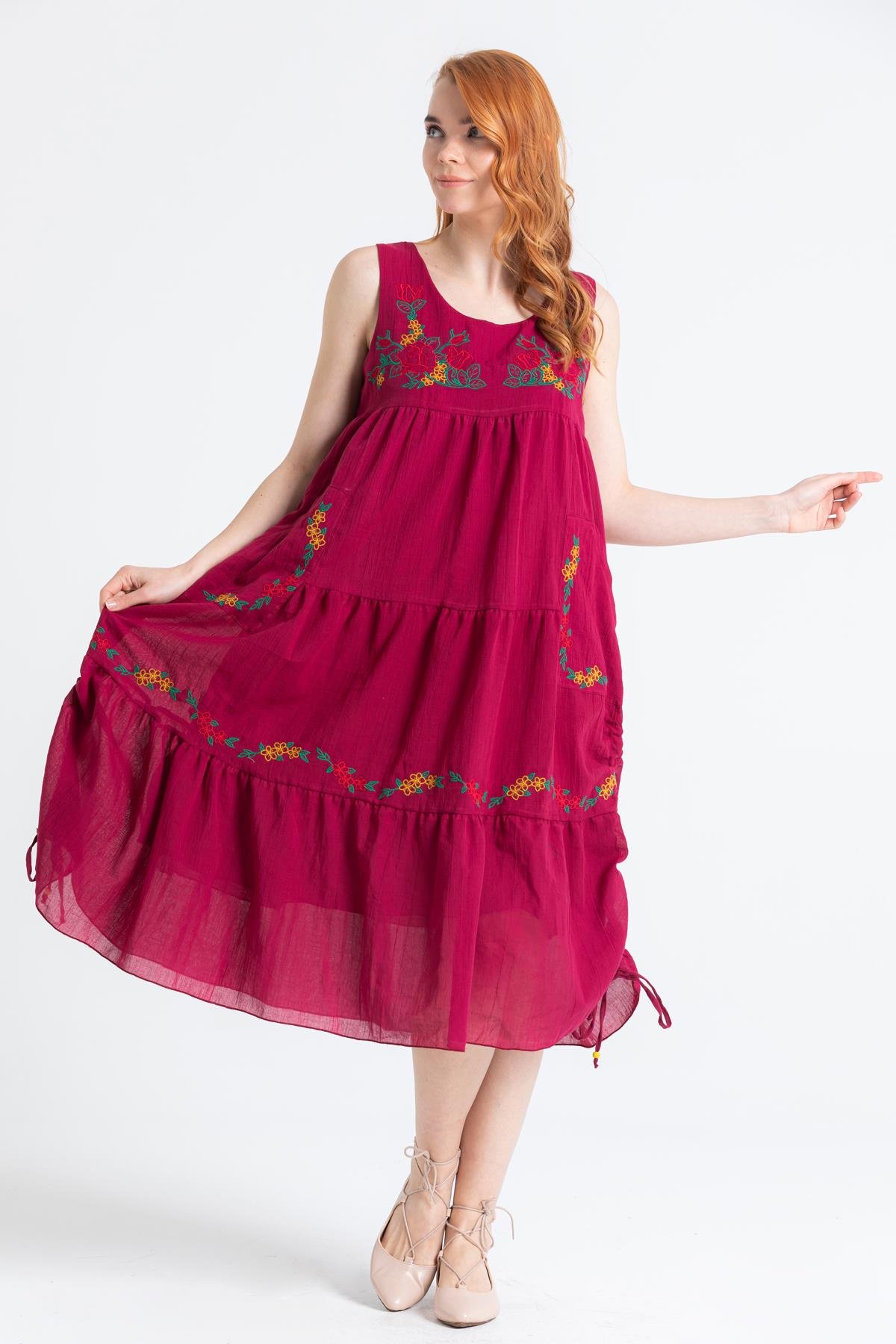 Kolsuz Vual Ahsen Nakışlı Midi Boy Elbise Bordo Brd