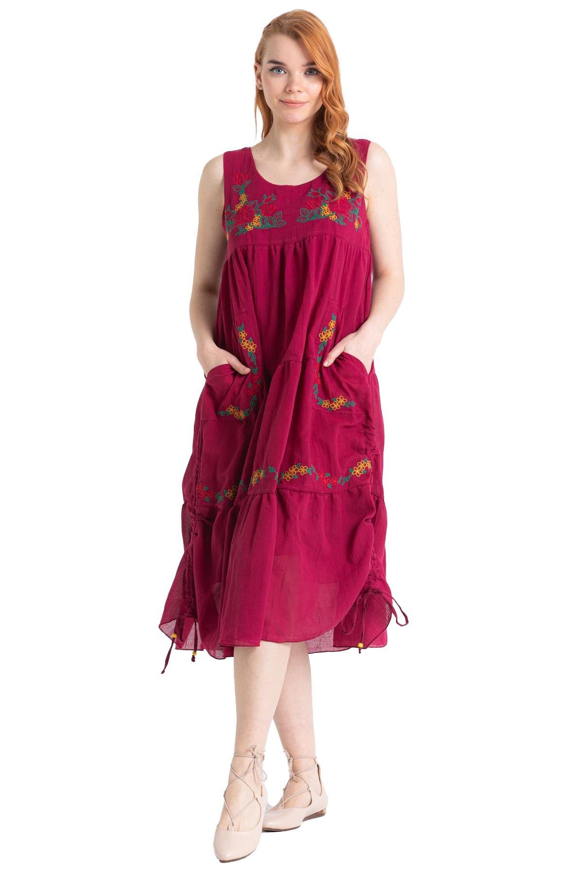 Kolsuz Vual Ahsen Nakışlı Midi Boy Elbise Bordo Brd