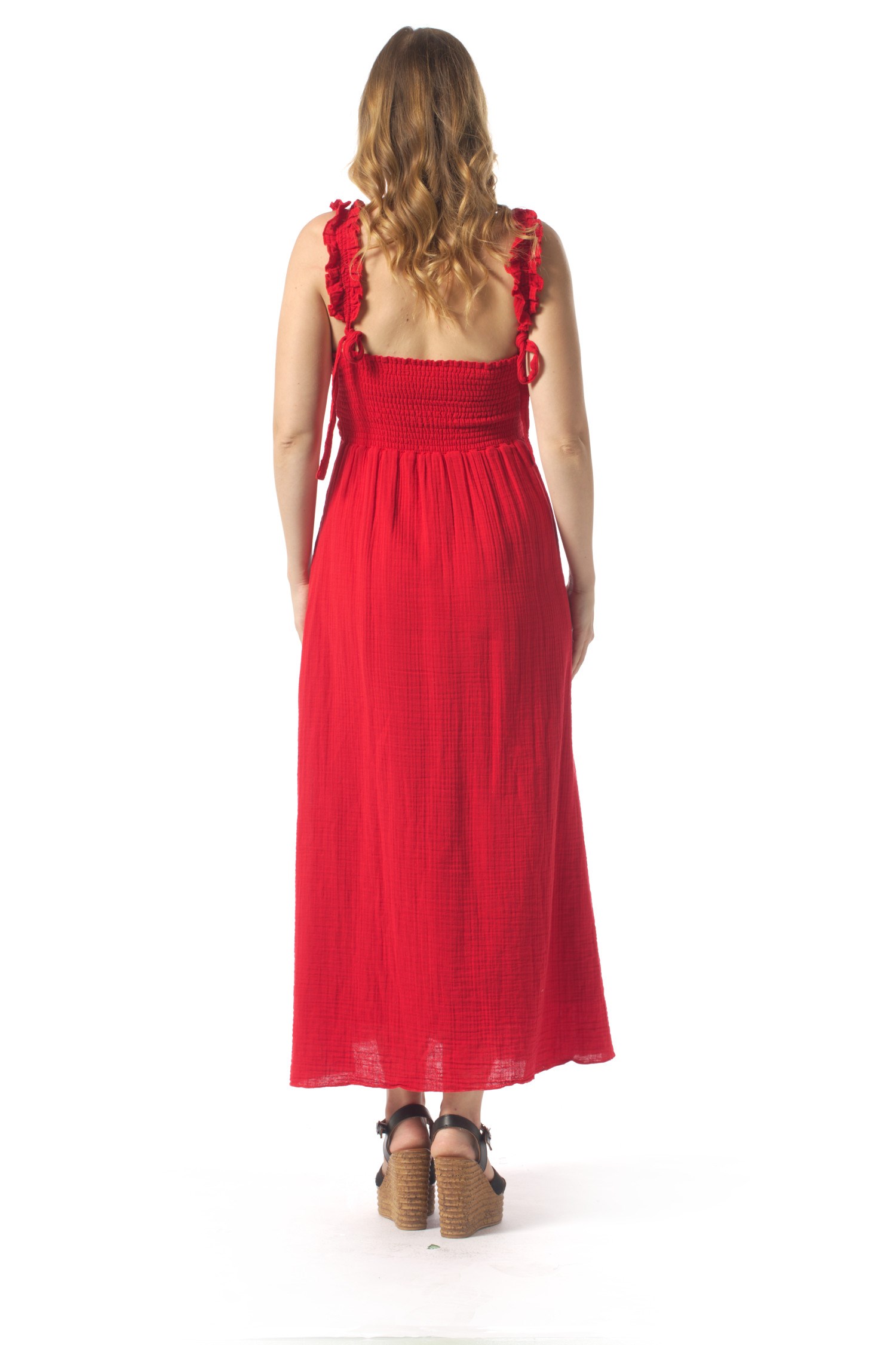 Lady Adjustable Shoulder Strap V-Neck Long Muslin Dress Red