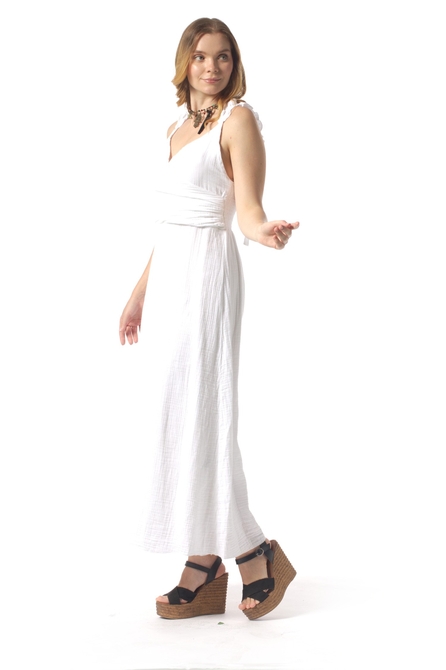 Lady Adjustable Shoulder Strap V-Neck Long Muslin Dress White