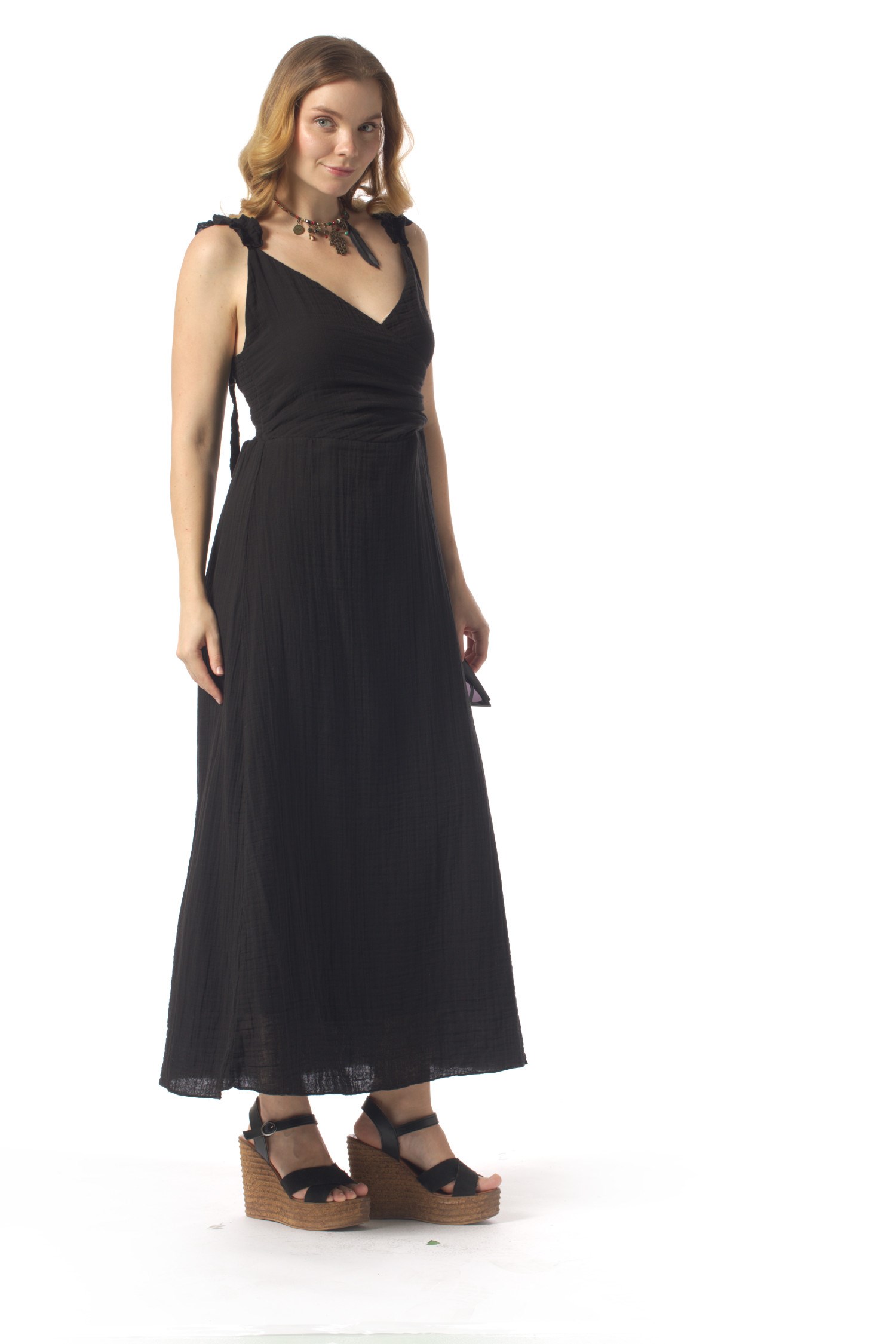 Lady Adjustable Shoulder Strap V-Neck Long Muslin Dress Black