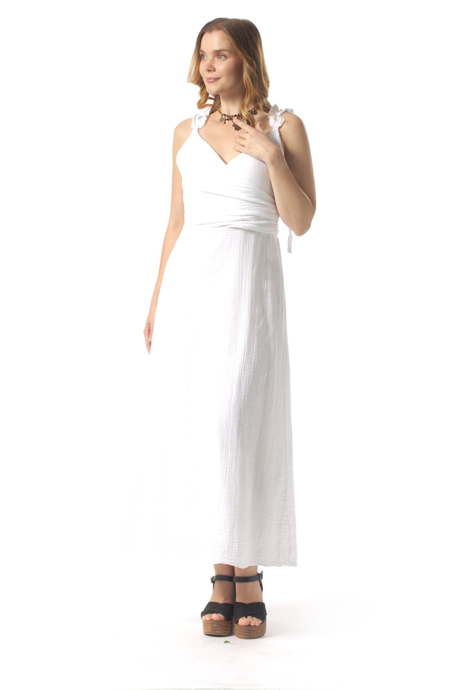 Lady Adjustable Shoulder Strap V-Neck Long Muslin Dress White