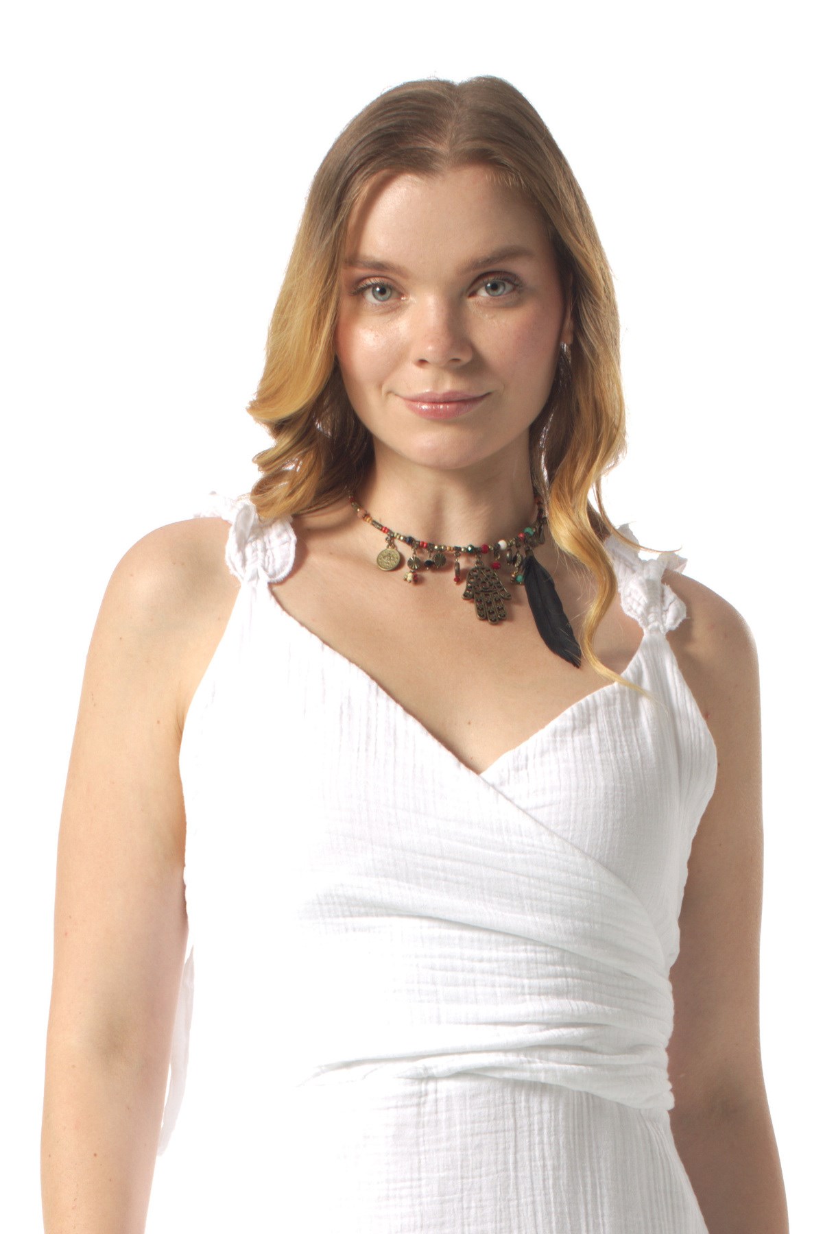 Lady Adjustable Shoulder Strap V-Neck Long Muslin Dress White