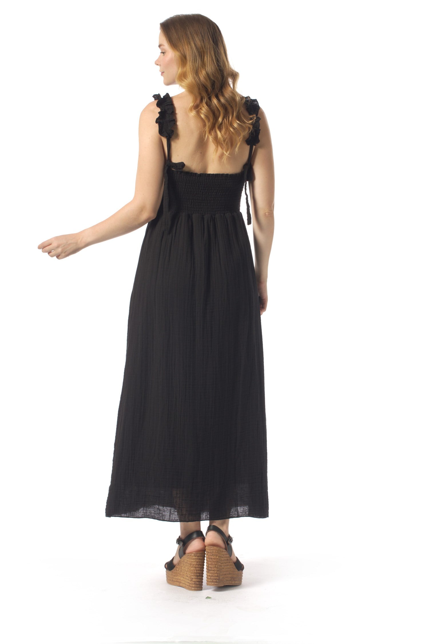 Lady Adjustable Shoulder Strap V-Neck Long Muslin Dress Black