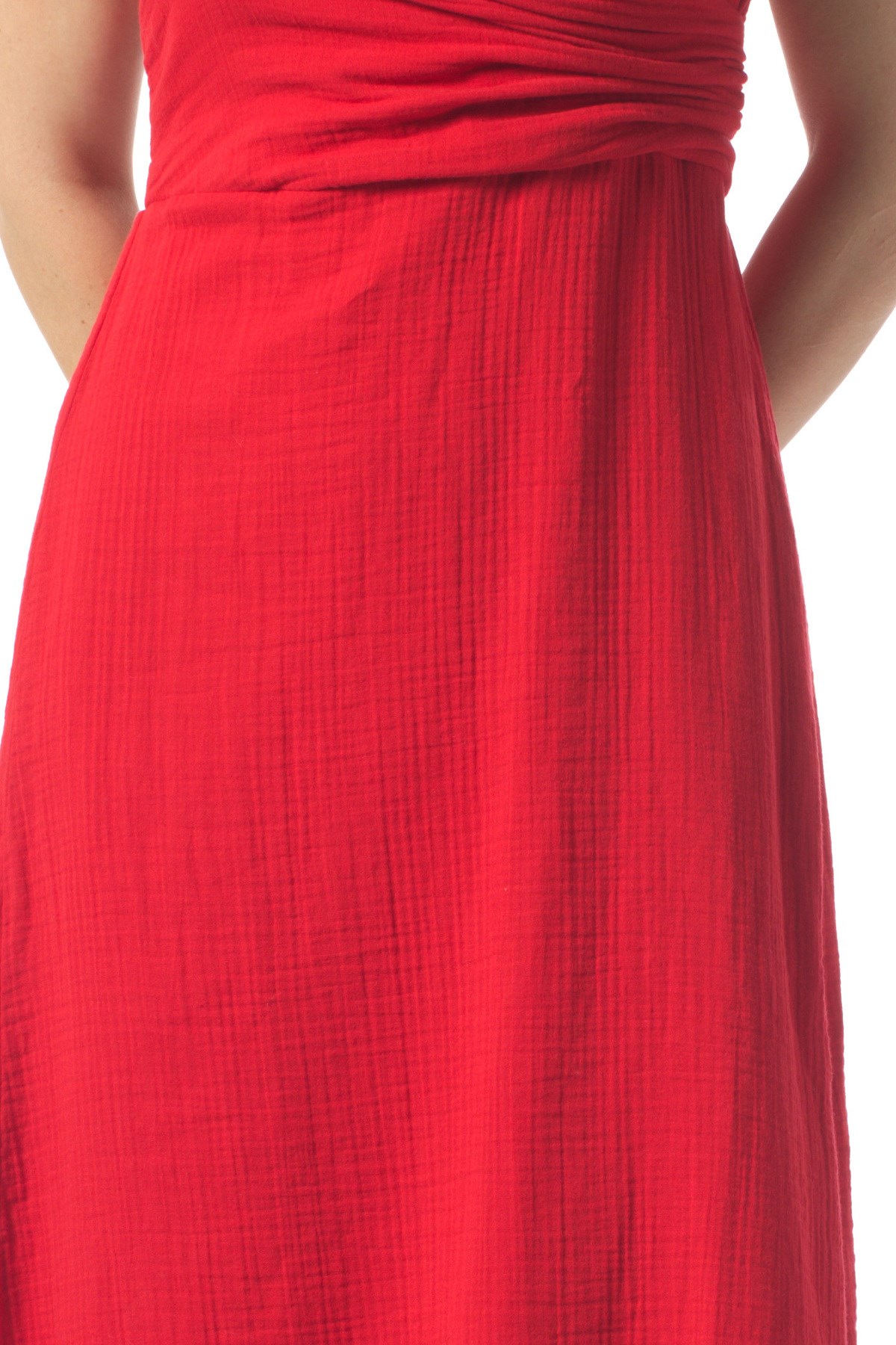 Lady Adjustable Shoulder Strap V-Neck Long Muslin Dress Red