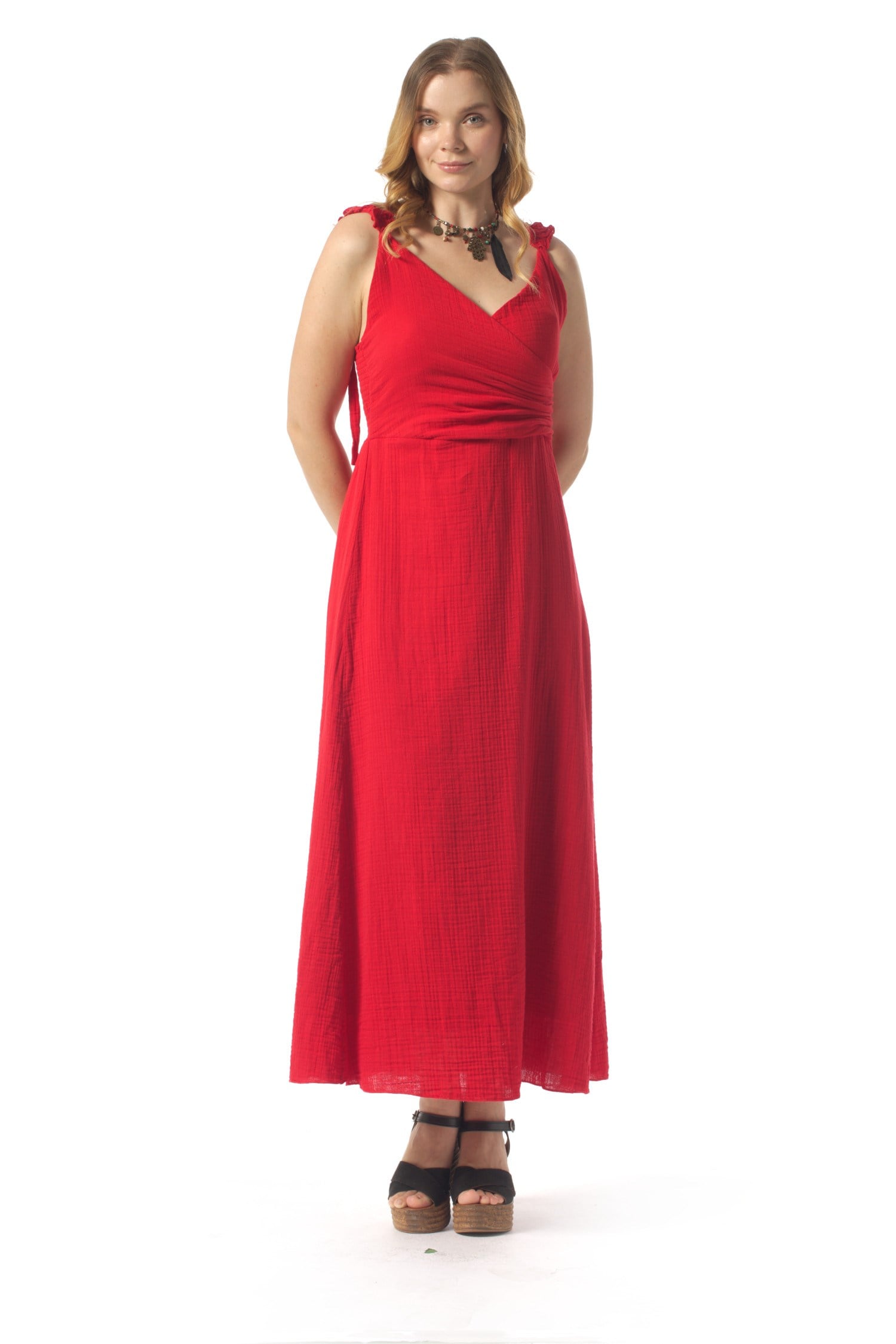 Lady Adjustable Shoulder Strap V-Neck Long Muslin Dress Red