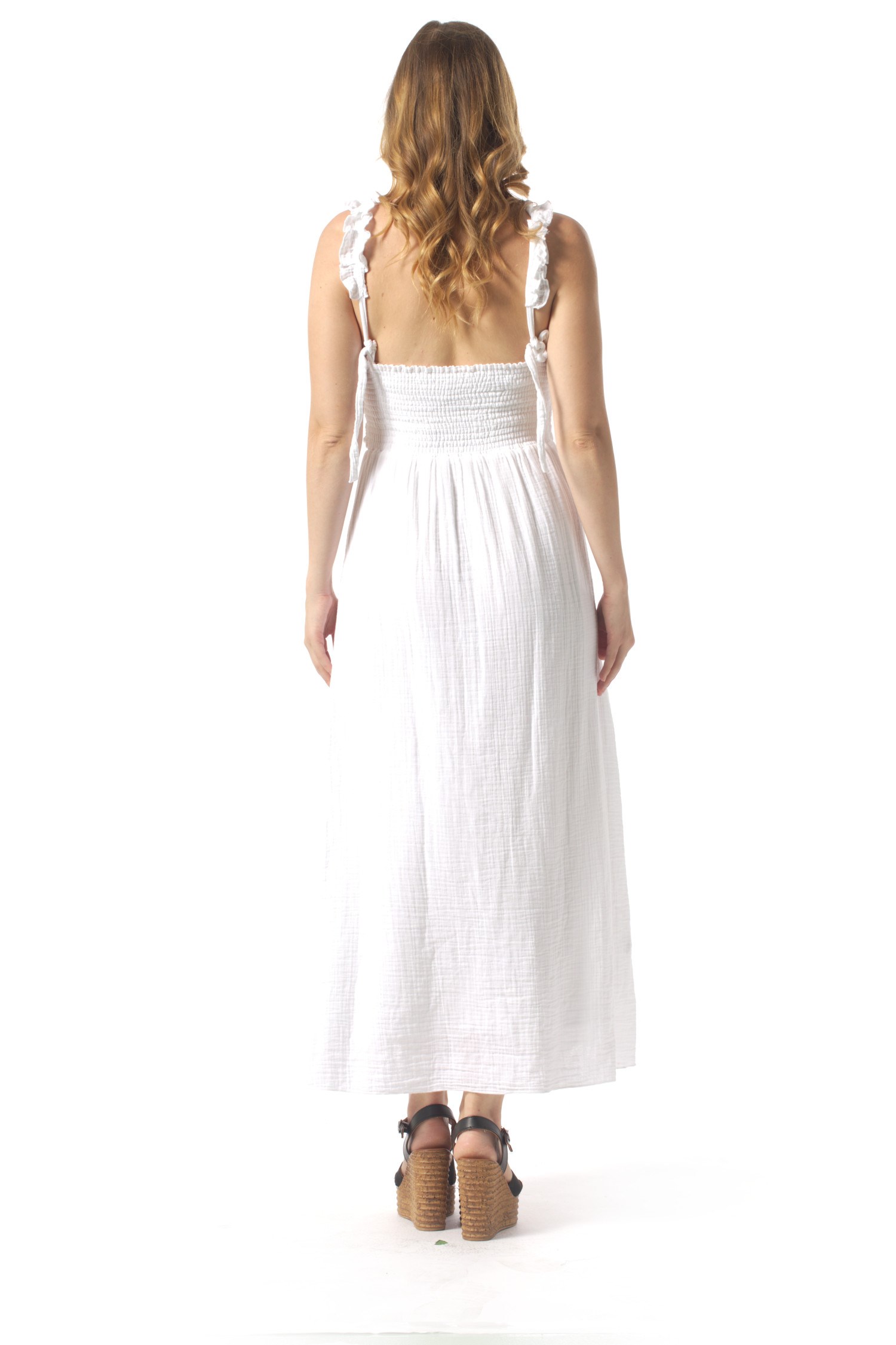 Lady Adjustable Shoulder Strap V-Neck Long Muslin Dress White