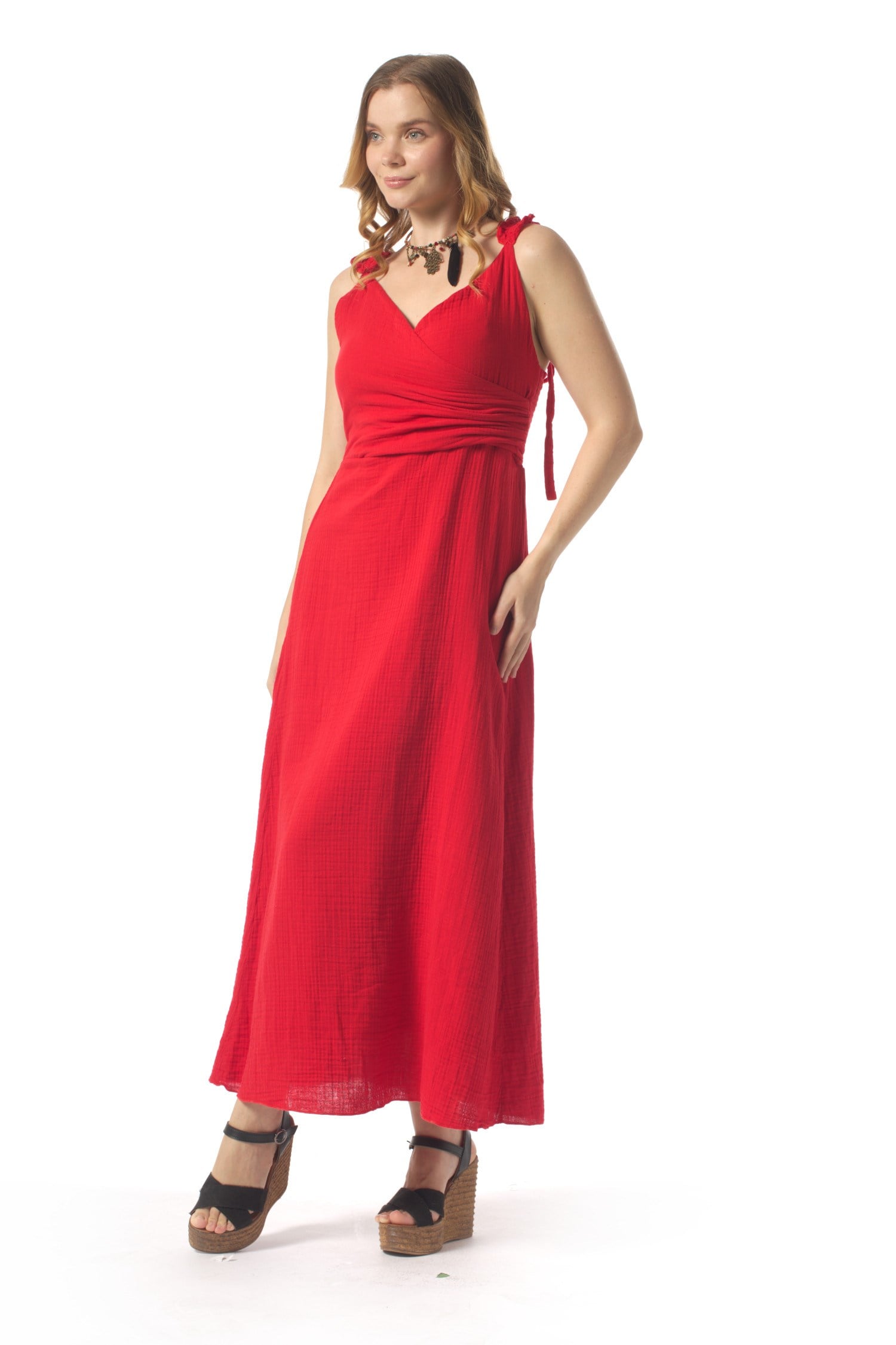 Lady Adjustable Shoulder Strap V-Neck Long Muslin Dress Red