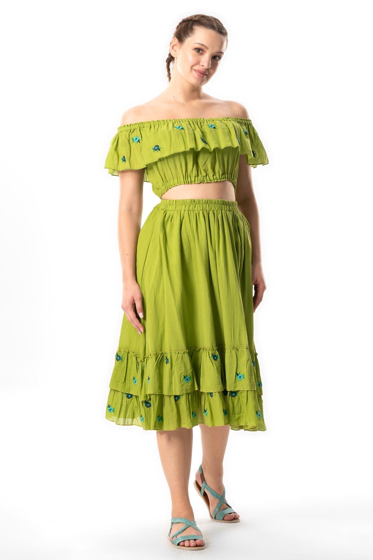 Lavinya Vual Nakışlı Uzun Yazlık Etek Fıstık Yeşili fysl