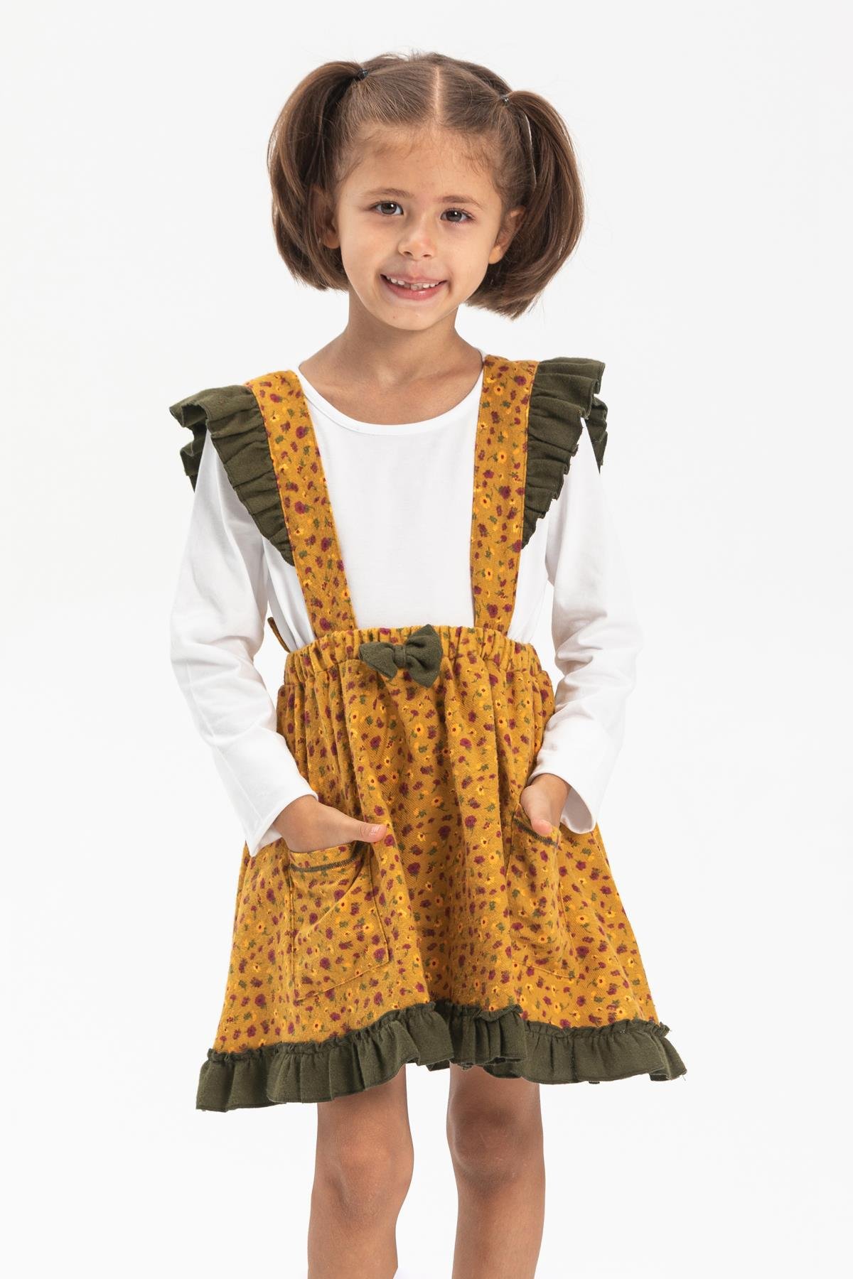 Miray Pazen Çocuk Salopet Sonbahar ve Kışlık Etek Çıtır Desen Hardal Hrd