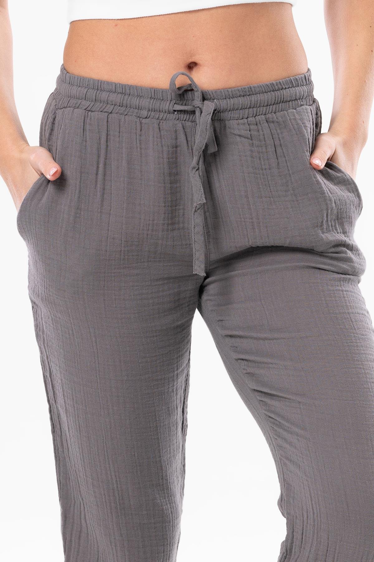 Müslin Beli Bağcıklı Çift Cepli Kadın Yazlık Pantolon Gri Gri