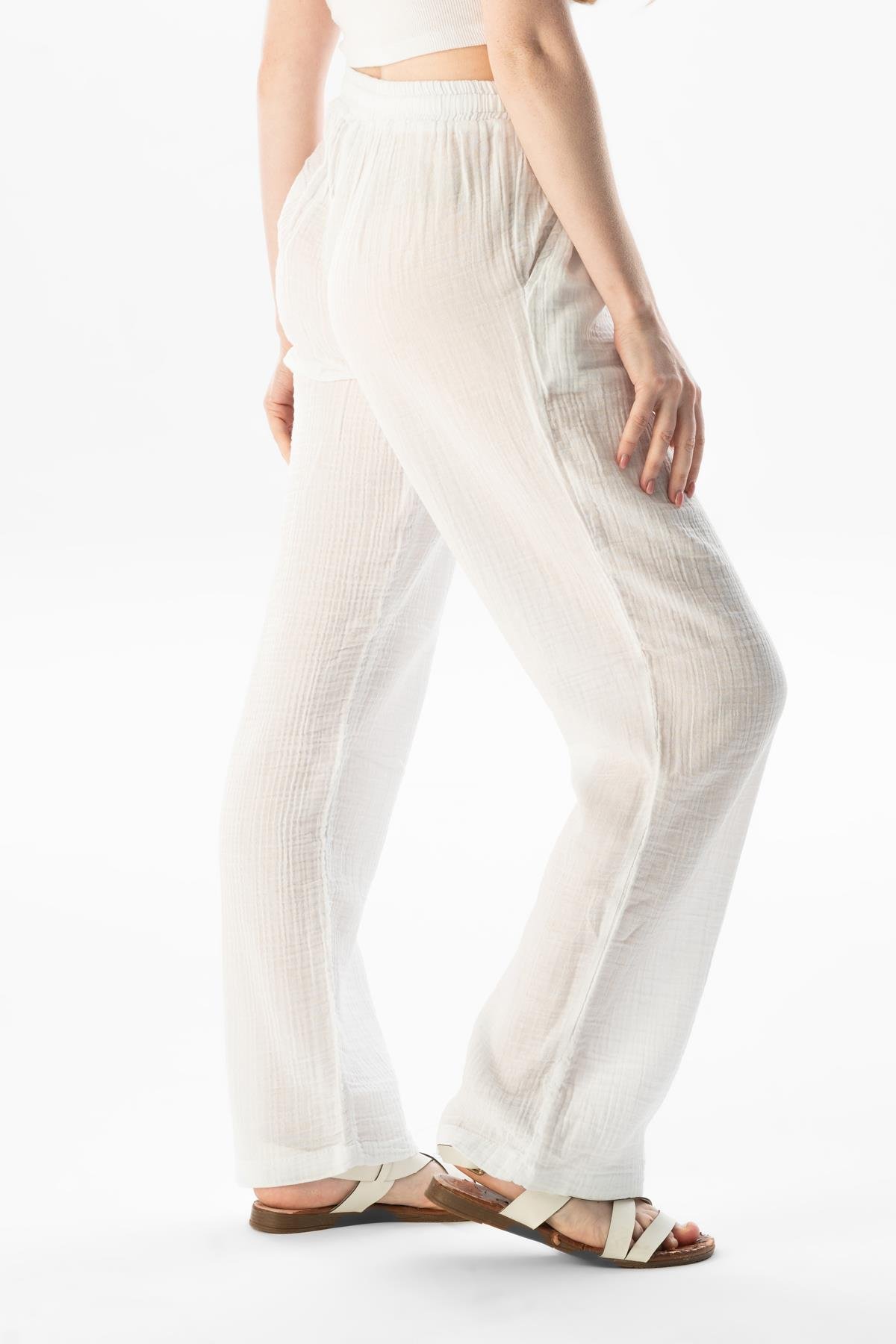 Müslin Beli Bağcıklı Çift Cepli Kadın Yazlık Pantolon Beyaz Byz
