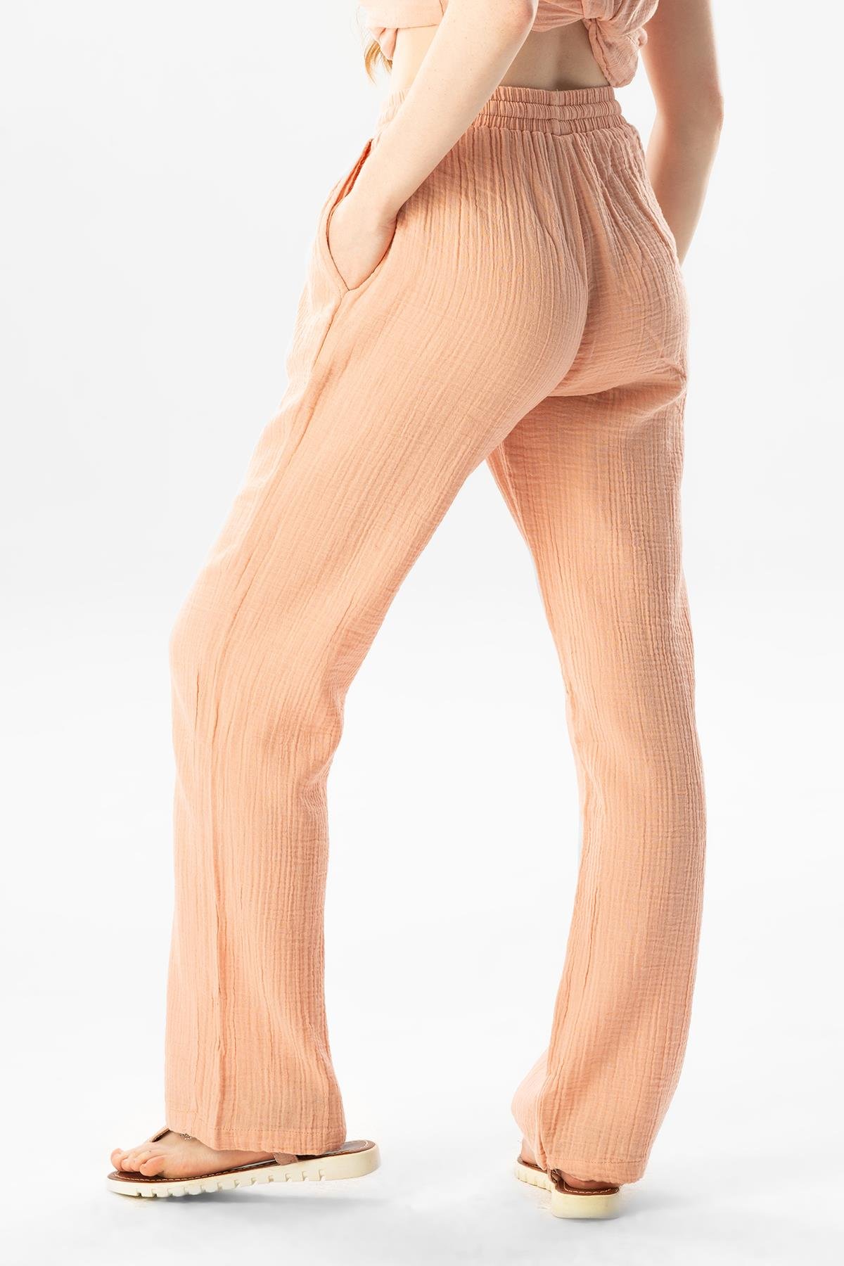 Müslin Beli Bağcıklı Çift Cepli Kadın Yazlık Pantolon Pudra Pdr