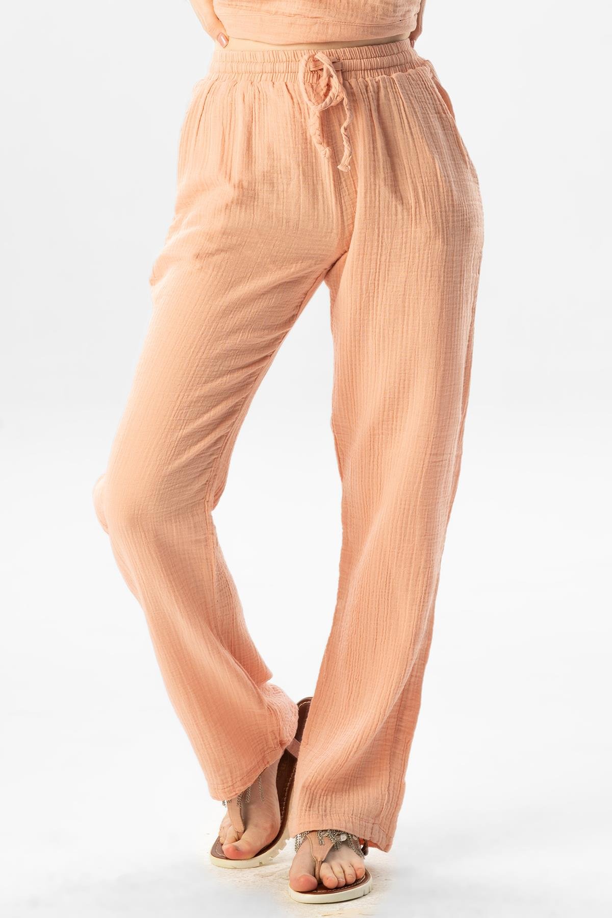 Müslin Beli Bağcıklı Çift Cepli Kadın Yazlık Pantolon Pudra Pdr