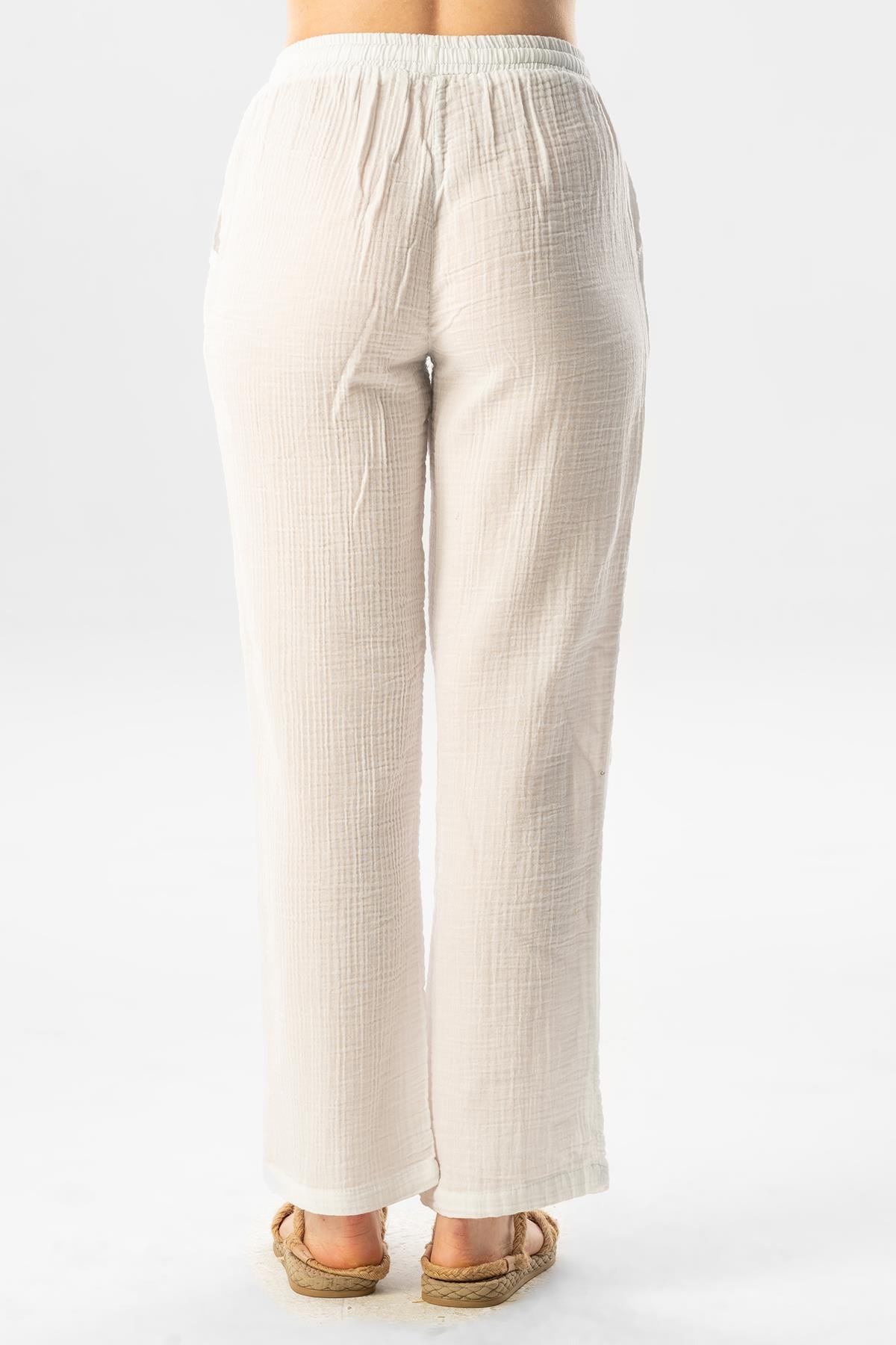 Müslin Beli Bağcıklı Çift Cepli Kadın Yazlık Pantolon Beyaz Byz