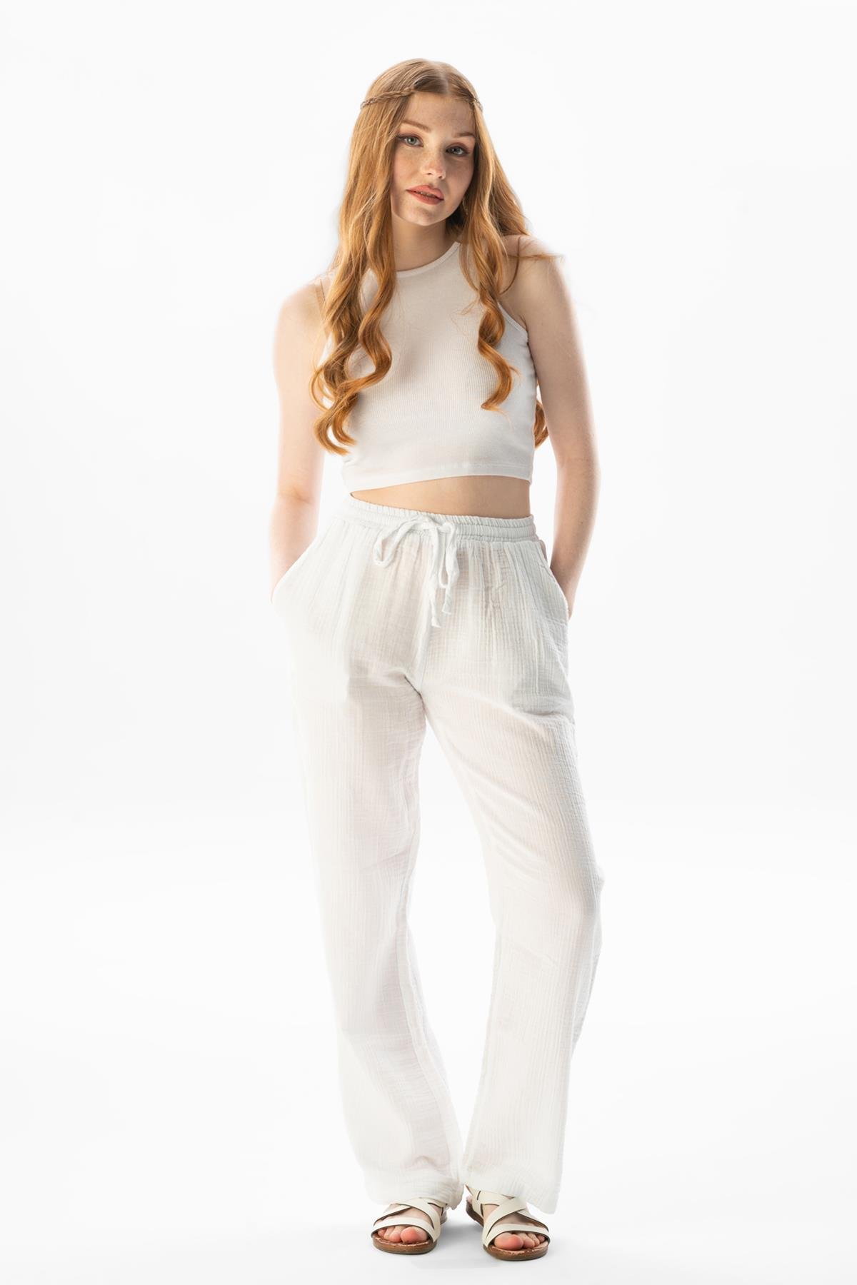 Müslin Beli Bağcıklı Çift Cepli Kadın Yazlık Pantolon Beyaz Byz