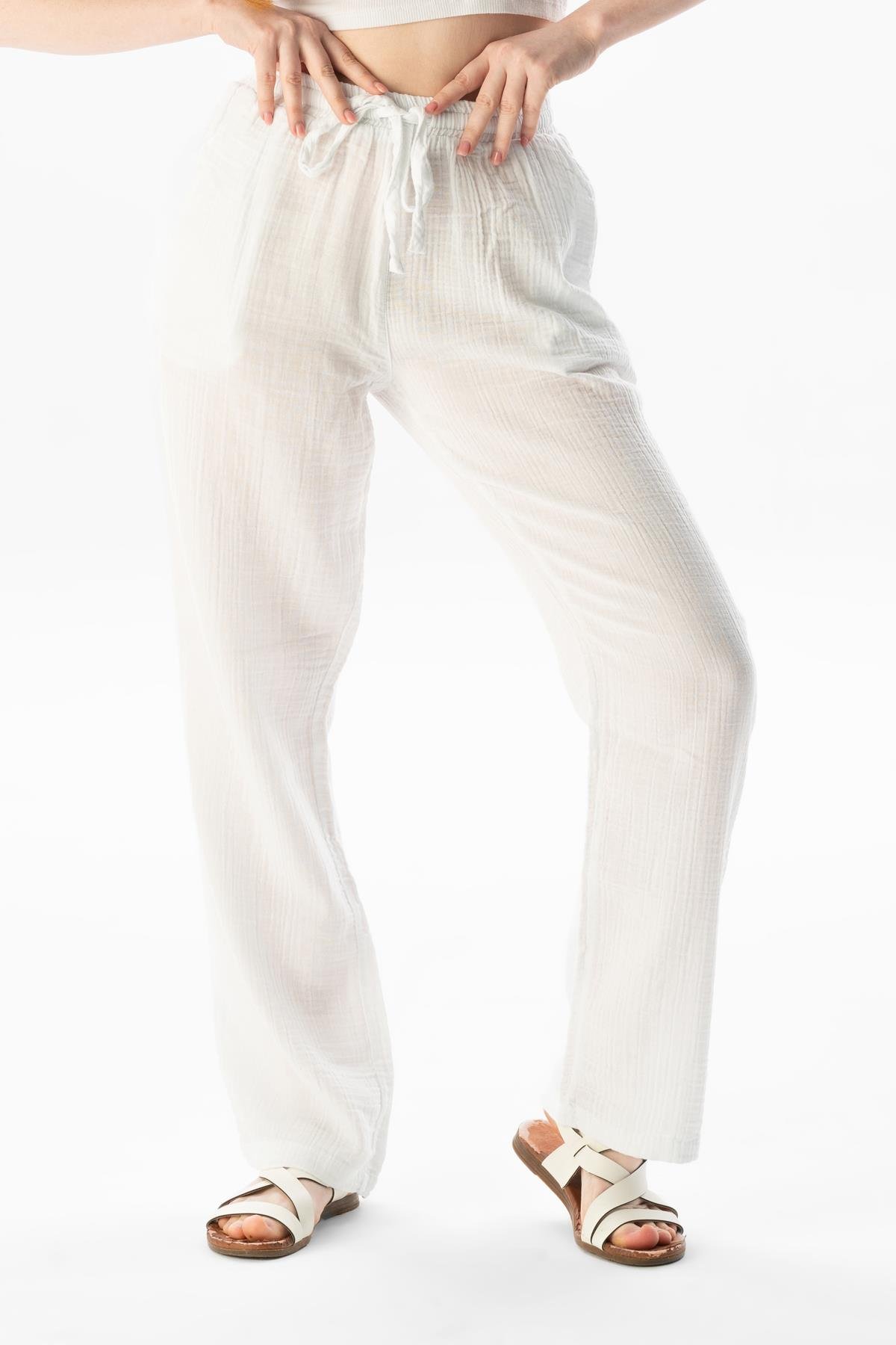 Müslin Beli Bağcıklı Çift Cepli Kadın Yazlık Pantolon Beyaz Byz