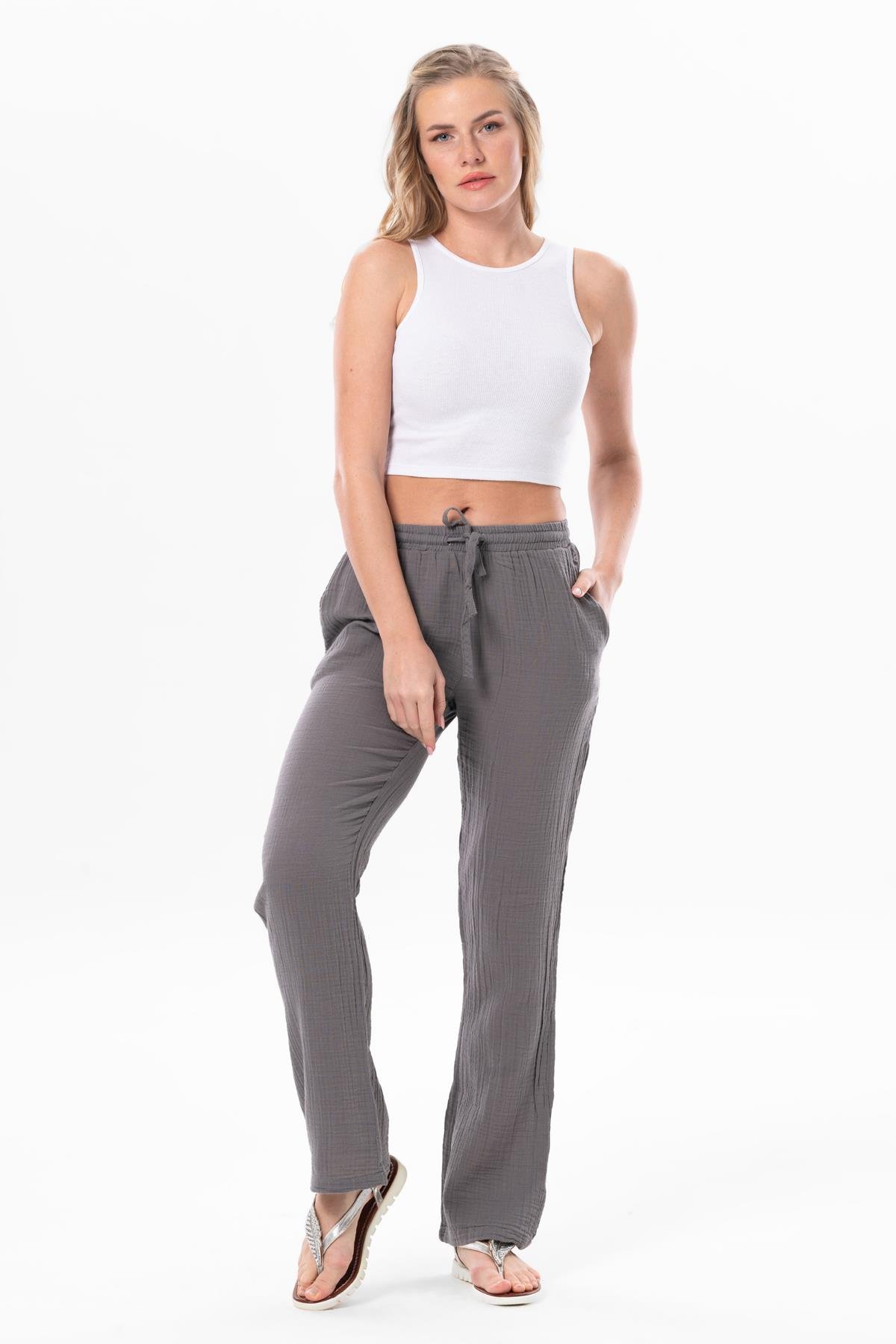Müslin Beli Bağcıklı Çift Cepli Kadın Yazlık Pantolon Gri Gri